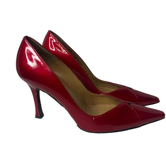 Stuart Weitzman SZ 6.5 Red Patent Leather Pointed Toe Candy Apple Slip on Pumps - Picture 1 of 10